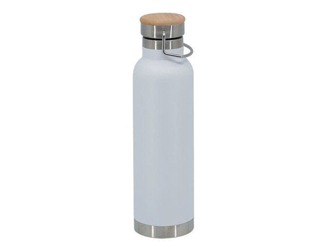 A drink bottle with a light blue finish, stainless steel base, and a wooden lid. Includes a branding logo.