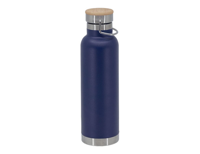 A drink bottle featuring a navy blue finish, stainless steel base, and a wooden-look cap. It has a branding logo.