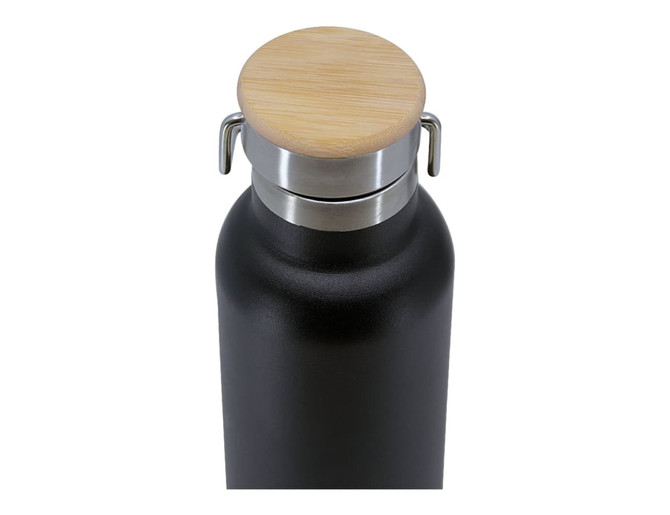 A drink bottle featuring a black stainless steel body, a wooden lid, and a metal clasp for secure closure.
