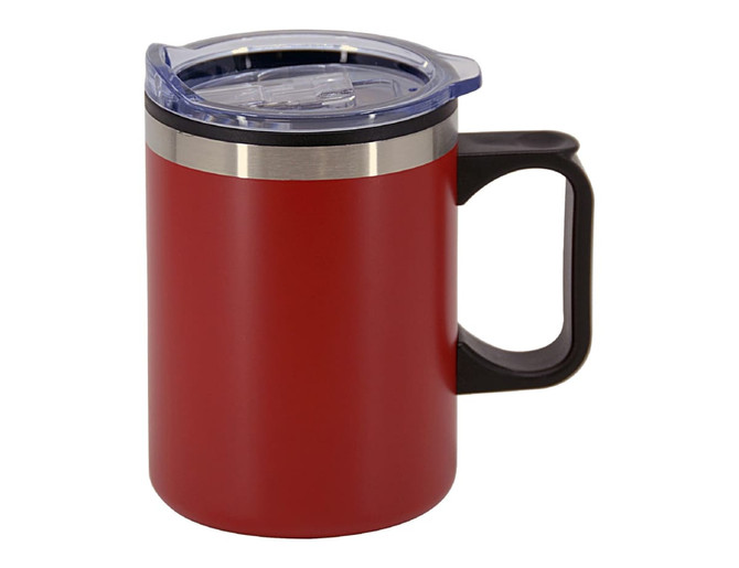 A red travel mug with a stainless steel band and a transparent lid, featuring a black handle.