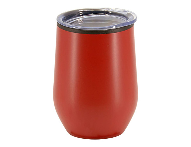 A travel mug in a vibrant red colour with a clear lid and a sleek, double wall design.