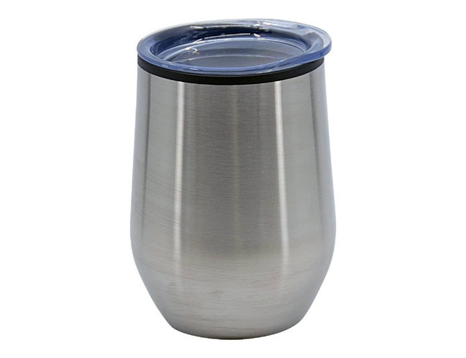 A stainless steel travel mug with a transparent lid and a silicone ring, featuring a sleek, brushed finish.