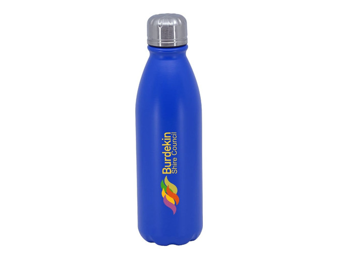 A drink bottle in blue aluminium with a silver cap, featuring a logo on the front.