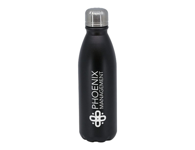 A drink bottle featuring a sleek black finish and a silver-cap, with a logo on the side.