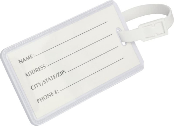 A clear, rectangular luggage tag with spaces for name, address, city/state/zip, and phone number. Features a white strap.