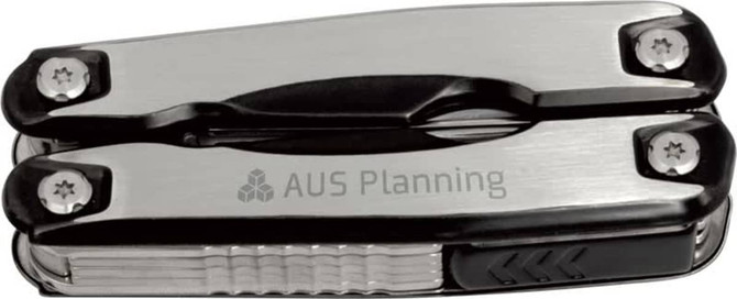 A stainless steel multi-tool featuring multiple functions, with a sleek design and a logo on the surface.