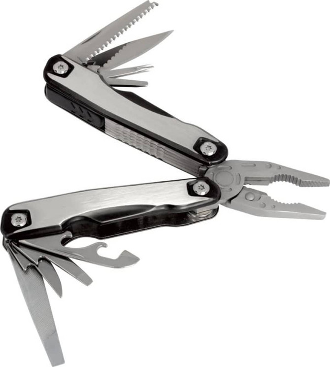 A stainless steel multi-tool featuring pliers, various blades, and multiple attachments, with a sleek black handle.