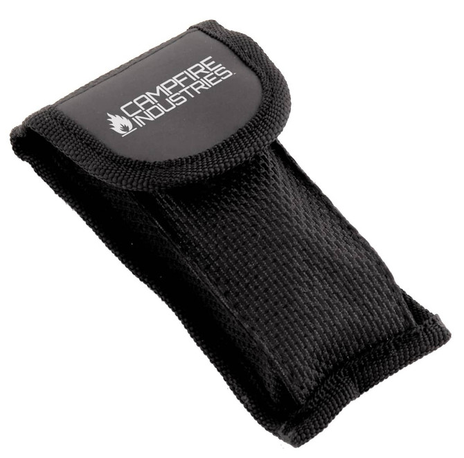 A black fabric pouch with a secure flap, featuring a logo. Designed for holding a multi-tool or similar item.