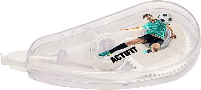 A translucent correction tape dispenser featuring a footballer graphic in a green jersey and black shorts.