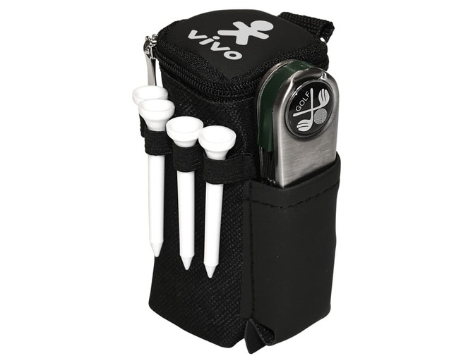 A black golf pack with a zipper, containing a tee holder, a golf ball marker, and three white tees. It features a logo.