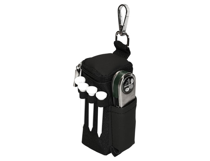 A black golf accessories pouch with a clip, featuring space for tees and a ball marker.