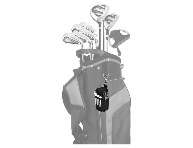A golf bag featuring clubs and a black and white themed accessory with a logo.