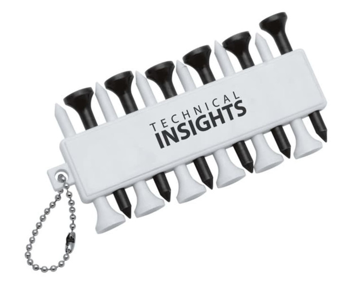 A white golf tee holder with black and white tees attached, featuring a branding logo.
