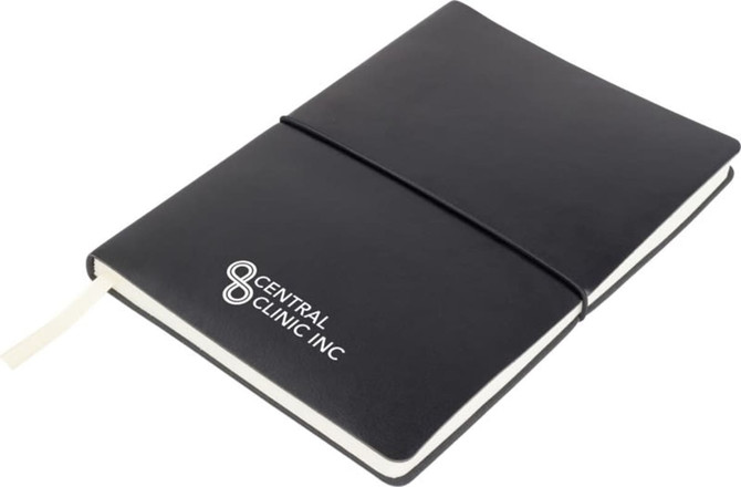 A black Tango A5 notebook with a white logo, featuring an elastic closure and a ribbon bookmark.