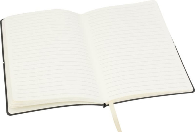 A black Tango A5 notebook with lined pages and a ribbon bookmark, open to reveal the blank interior.