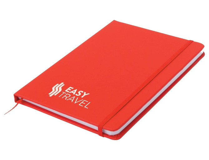 A red A5 notepad with a white elastic band and a logo on the front cover. It has plain white pages inside.
