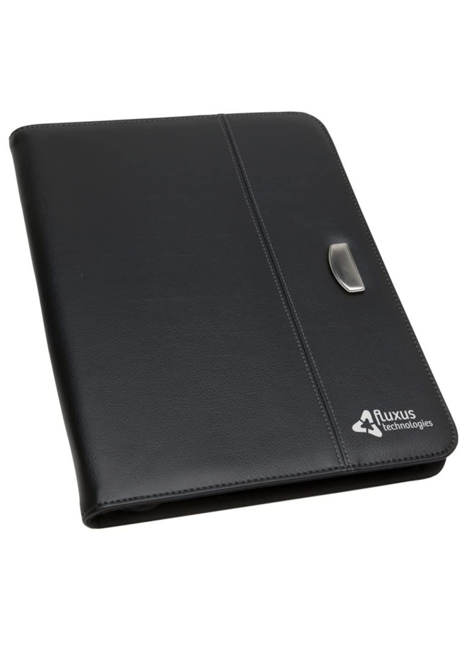 A black A4 zip portfolio with a smooth finish and a silver clasp, featuring a logo on the lower right corner.