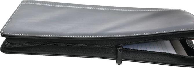 A black A4 zip portfolio with a textured finish and contrasting stitching, partially open to reveal lined paper inside.