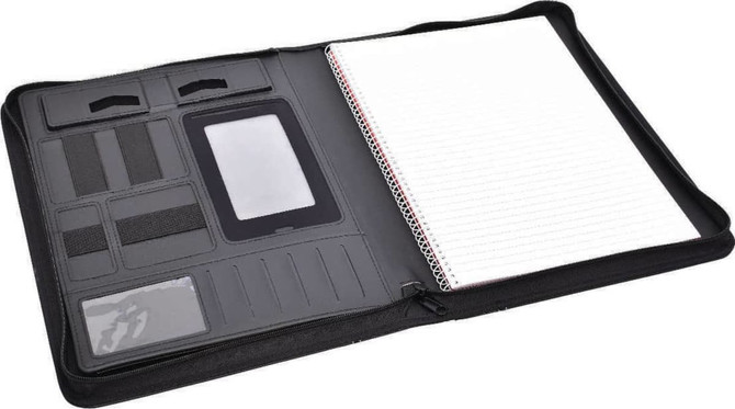 A black A4 zip portfolio with organised pockets for cards and a lined notebook. Includes a clear pocket and elastic straps.