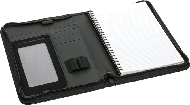 A black A5 zip portfolio featuring a notebook and card slots, with a zipper closure for secure storage.