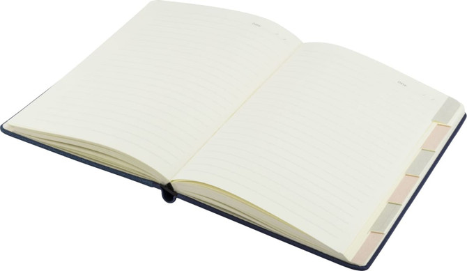 A navy Tab Deluxe A5 notebook with blank lined pages and pastel index tabs. Features a branding logo on the cover.