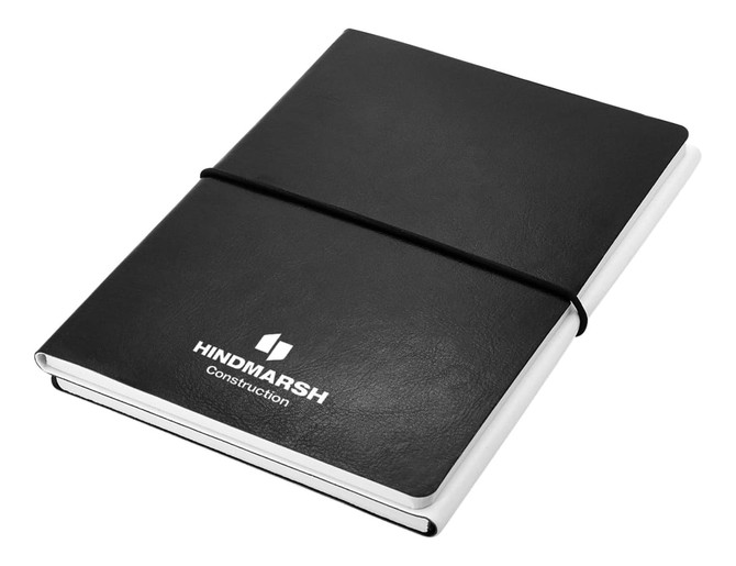 A black and white A5 notebook with a smooth cover and an elastic band, featuring a logo on the front.