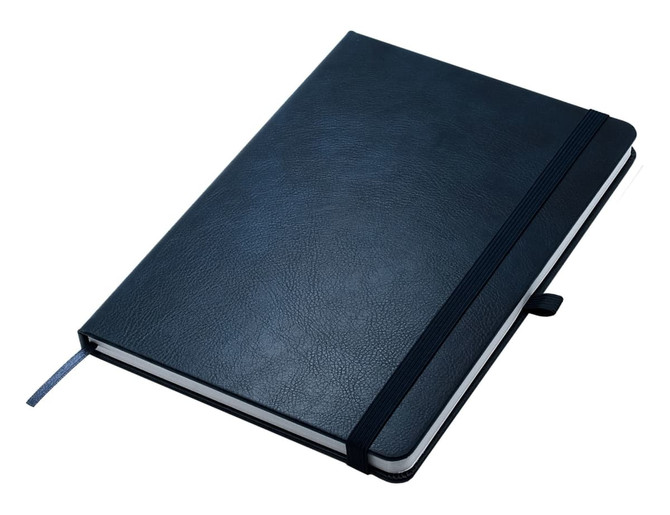 Apex A5 notebook with a black textured cover and an elastic band closure, featuring a ribbon bookmark.