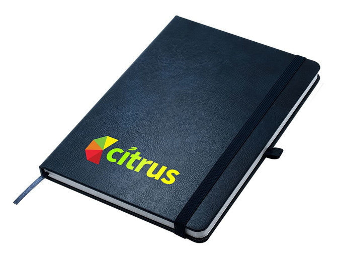A black A5 notebook with a textured cover, featuring a logo on the front and an elastic band closure.