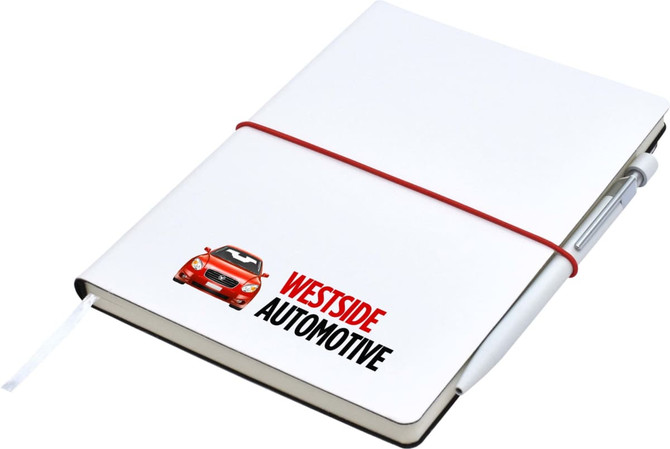A white A5 notepad with an elastic band, featuring a logo and an image of a car on the cover.