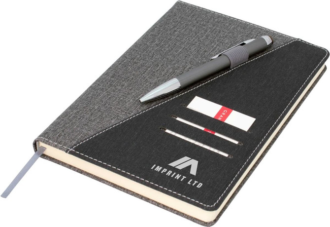 A black and grey A5 notebook featuring a pen, card slots, and a logo on the cover.