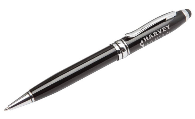 A black stylus pen with a shiny silver accent and an engraved logo.