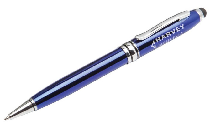 A blue executive stylus pen with silver accents and a logo.
