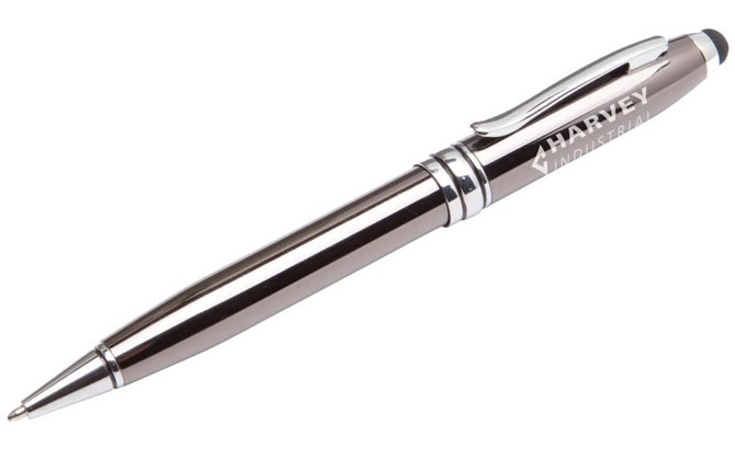 A silver stylus pen with a sleek design and branding on the barrel. Features a rubber tip for touch screens.