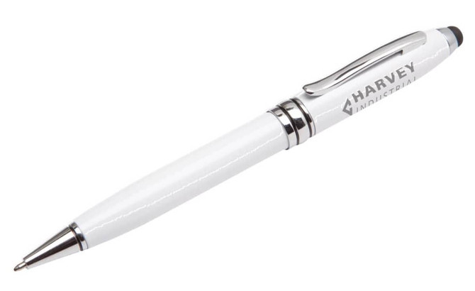A sleek white stylus pen with chrome accents and a branding logo. Ideal for writing on touchscreens.