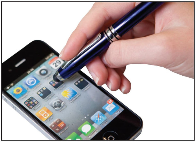A blue executive stylus pen is being used on a smartphone screen. The pen features a sleek design and has branding.