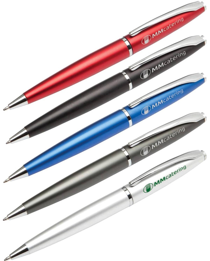 A collection of five metal pens in red, black, blue, silver, and white, featuring a logo on each pen.