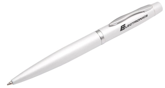 A metal pen in a sleek silver finish with a clip and branding on the side.