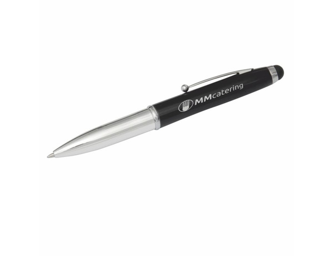 A black and silver stylus pen with a logo, featuring three writing functions.
