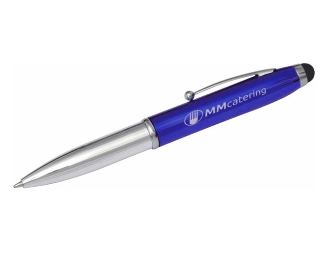 A blue economy 3-way stylus pen with a silver tip and clip, featuring a logo.