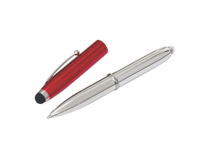 A red and silver economy 3-way stylus pen set, featuring a stylus tip and capped design.