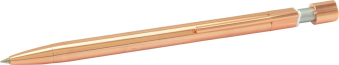 A metal pen in a polished rose gold finish with a silver clip and branding on the barrel.