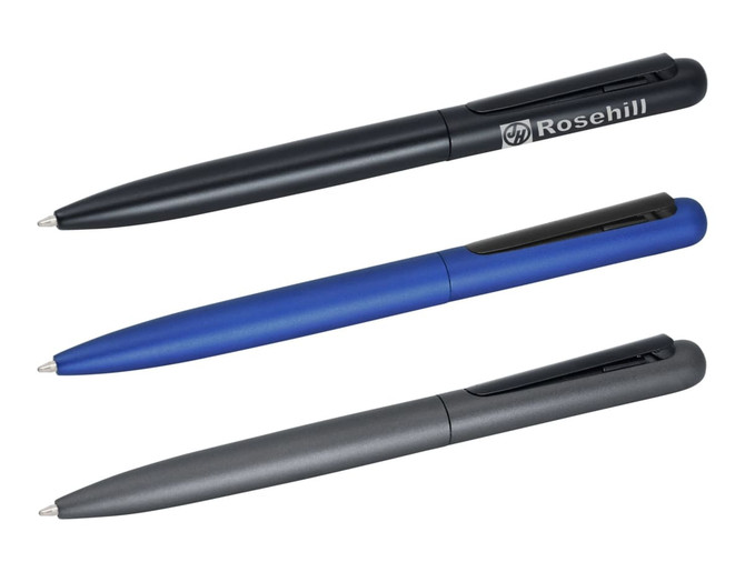 A set of three metal pens in black, blue, and grey, each with a branding logo on the barrel.