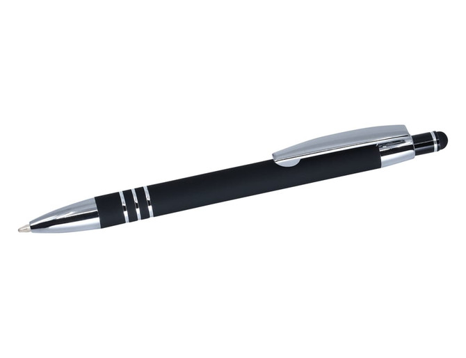 A black stylus pen with chrome accents and a sleek design, featuring a logo on the body.