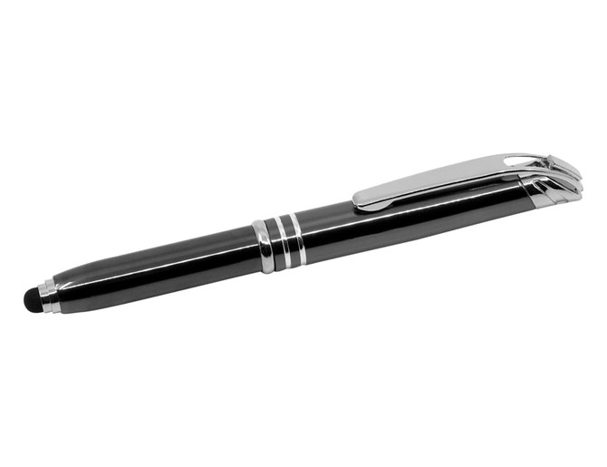 A black stylus pen with a silver clip and detailing, featuring a soft tip for touchscreen use.