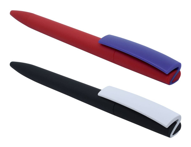 A set of two plastic pens, one in red with a purple clip and the other in black with a white clip.