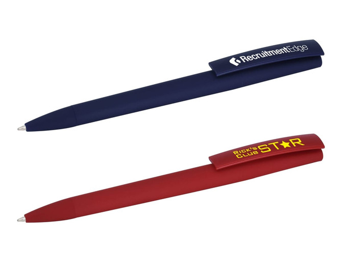 A set of plastic pens in navy blue and red, each featuring a logo on the clip.