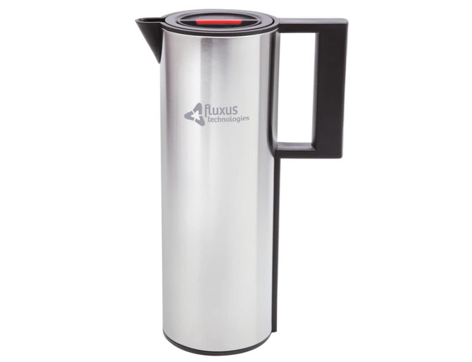 A stainless steel vacuum jug with a black lid and handle, featuring a logo on the side.