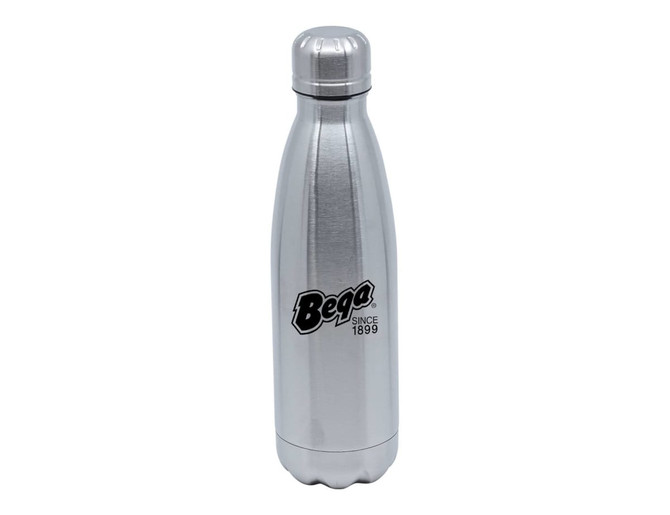 A drink bottle in silver, featuring a sleek design and a logo on the front.