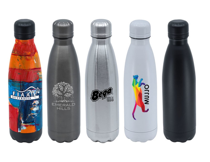 A drink bottle collection featuring five vacuum flasks in various colours, including painted, silver, and black finishes.
