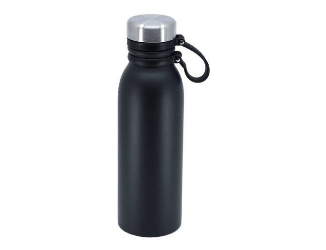A drink bottle in black with a stainless steel lid and a carrying loop, designed as a vacuum flask.